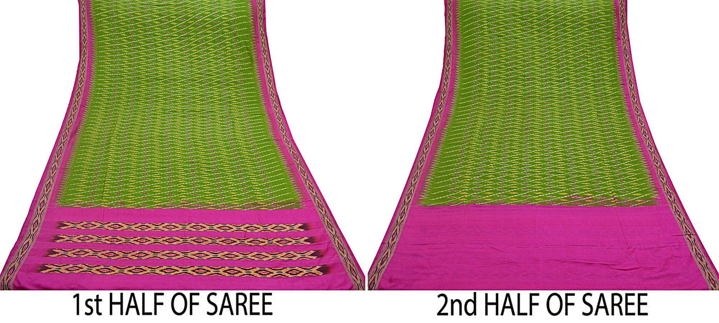 Indian Vintage Sari Green & Pink Pochampally Pure Silk Hand Woven Ikat Patola Saree Craft Fabric 5Yd Ethnic Zari Border Bollywood sarees