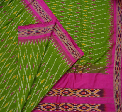 Indian Vintage Sari Green & Pink Pochampally Pure Silk Hand Woven Ikat Patola Saree Craft Fabric 5Yd Ethnic Zari Border Bollywood sarees