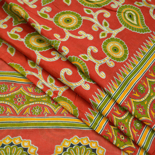 Indian Vintage Sari Green & Red Printed Pure Cotton Saree Craft Fabric 5Yd Sewing Sarong Wrap Boho Floral Crafting Upcycle Quilting Used