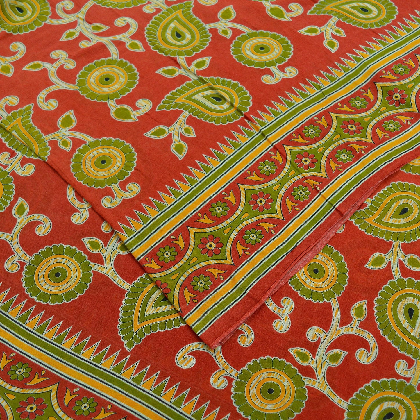 Indian Vintage Sari Green & Red Printed Pure Cotton Saree Craft Fabric 5Yd Sewing Sarong Wrap Boho Floral Crafting Upcycle Quilting Used