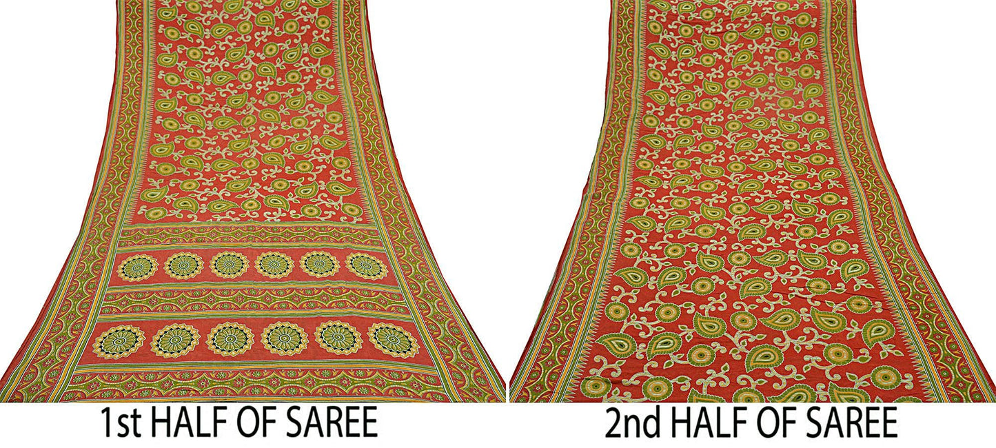 Indian Vintage Sari Green & Red Printed Pure Cotton Saree Craft Fabric 5Yd Sewing Sarong Wrap Boho Floral Crafting Upcycle Quilting Used