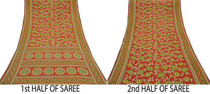 Indian Vintage Sari Green & Red Printed Pure Cotton Saree Craft Fabric 5Yd Sewing Sarong Wrap Boho Floral Crafting Upcycle Quilting Used