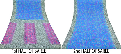 Indian Vintage Sari Blue & Gray Pure Printed Crepe Silk Sarees 6yd Sewing Soft Craft Fabric Wrap Sewing Dress Making Crafting Quilting