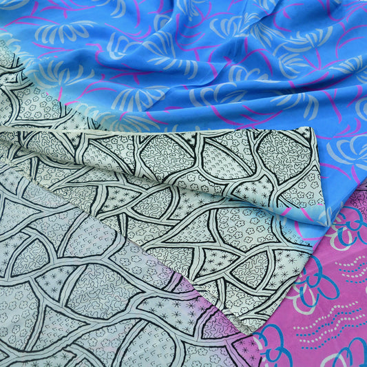 Indian Vintage Sari Blue & Gray Pure Printed Crepe Silk Sarees 6yd Sewing Soft Craft Fabric Wrap Sewing Dress Making Crafting Quilting