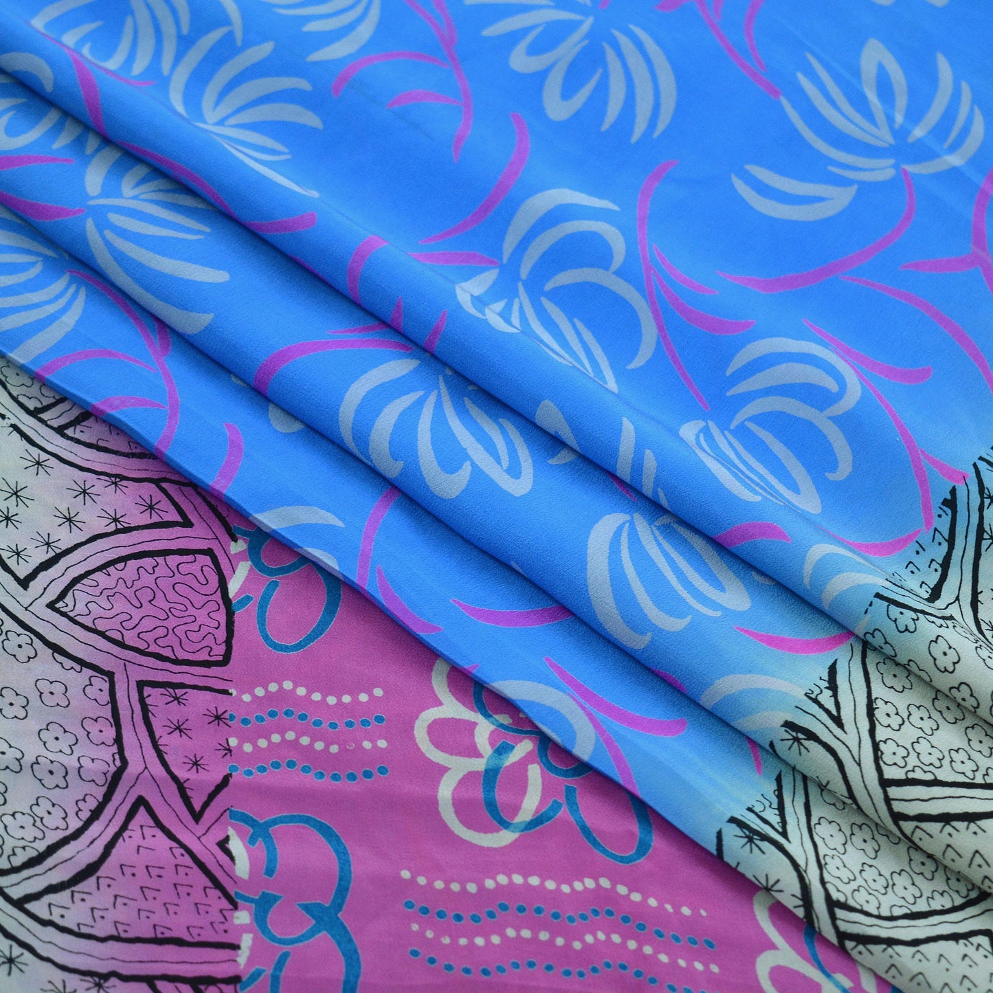 Indian Vintage Sari Blue & Gray Pure Printed Crepe Silk Sarees 6yd Sewing Soft Craft Fabric Wrap Sewing Dress Making Crafting Quilting