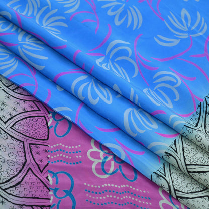 Indian Vintage Sari Blue & Gray Pure Printed Crepe Silk Sarees 6yd Sewing Soft Craft Fabric Wrap Sewing Dress Making Crafting Quilting