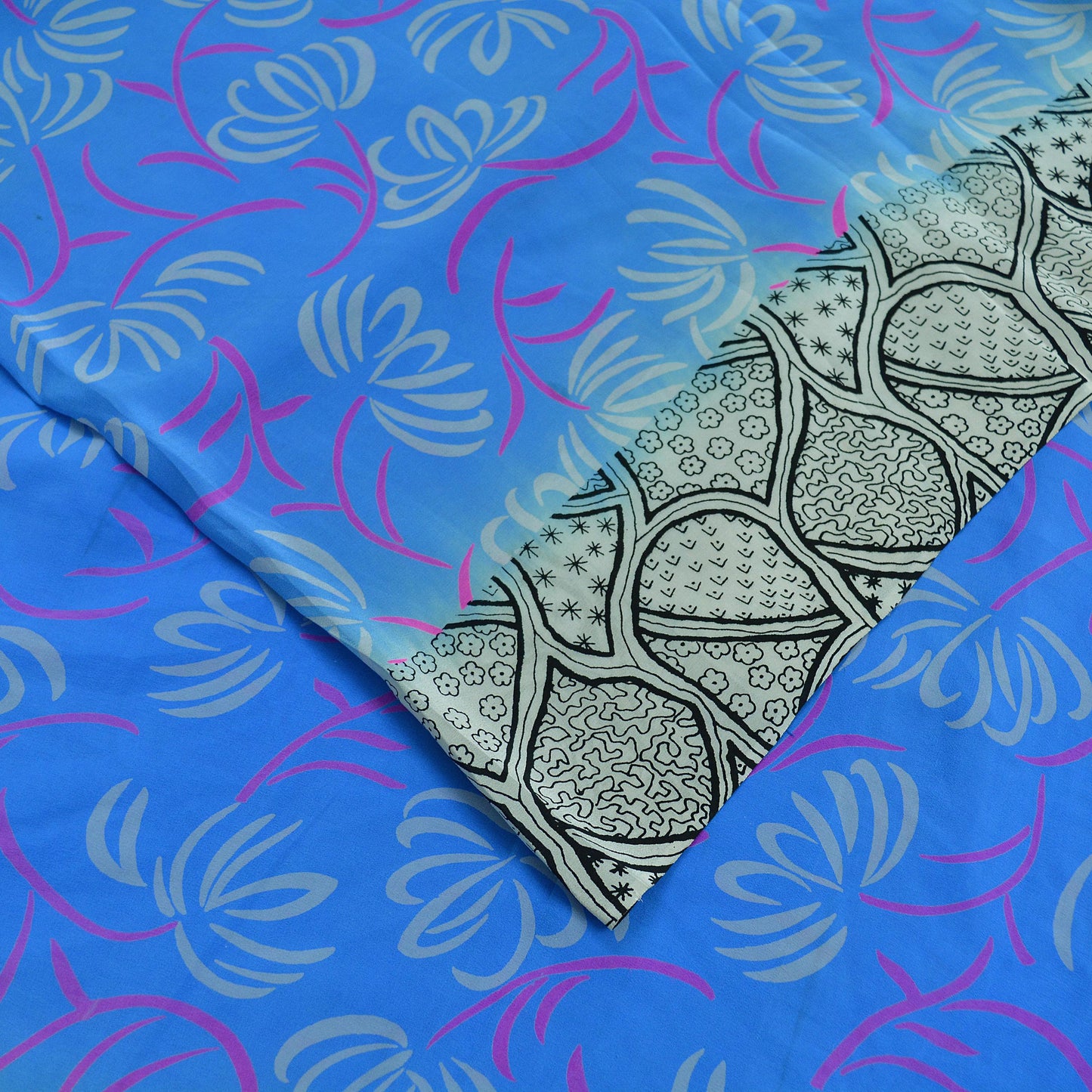 Indian Vintage Sari Blue & Gray Pure Printed Crepe Silk Sarees 6yd Sewing Soft Craft Fabric Wrap Sewing Dress Making Crafting Quilting