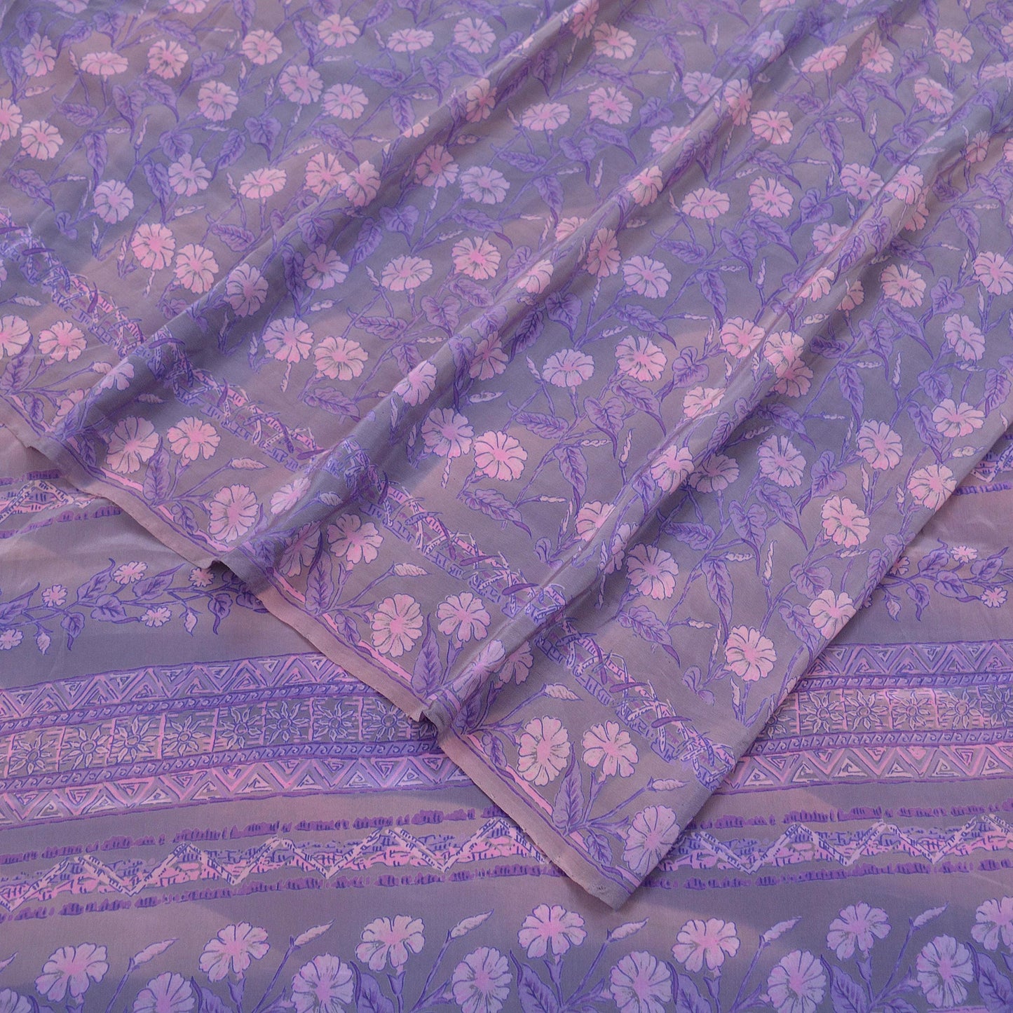 Indian Vintage Sari Pink & Purple Saree Pure Crepe Silk Printed Sarees 5yd Sewing Floral Soft Craft Fabric Wrap Crafting Dress making