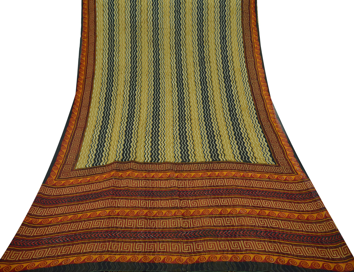 Indian Vintage Black & Saffron Saree 100% Pure Georgette Silk Printed Sari Sewing 5yd Craft Fabric Dress Designing for Crafting Dress making