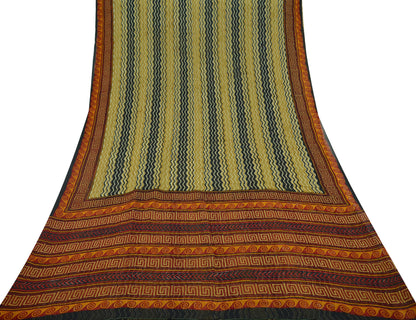 Indian Vintage Black & Saffron Saree 100% Pure Georgette Silk Printed Sari Sewing 5yd Craft Fabric Dress Designing for Crafting Dress making