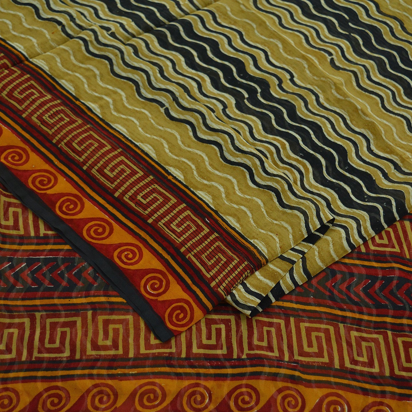 Indian Vintage Black & Saffron Saree 100% Pure Georgette Silk Printed Sari Sewing 5yd Craft Fabric Dress Designing for Crafting Dress making