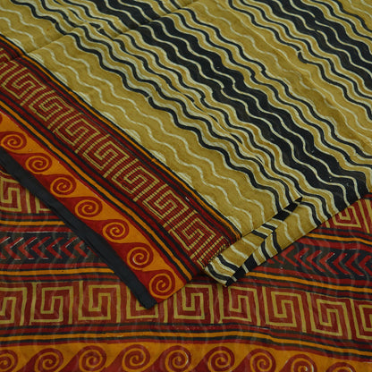 Indian Vintage Black & Saffron Saree 100% Pure Georgette Silk Printed Sari Sewing 5yd Craft Fabric Dress Designing for Crafting Dress making