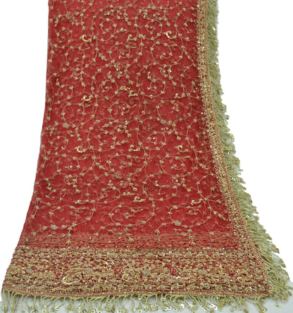 Indian Vintage Heavy Red Dupatta Net Mesh Long Stole Hand Embroidered Scarves Golden Zardozi Zari Sequins Stole Wedding veil