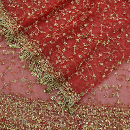 Indian Vintage Heavy Red Dupatta Net Mesh Long Stole Hand Embroidered Scarves Golden Zardozi Zari Sequins Stole Wedding veil