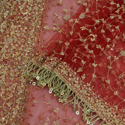 Indian Vintage Heavy Red Dupatta Net Mesh Long Stole Hand Embroidered Scarves Golden Zardozi Zari Sequins Stole Wedding veil