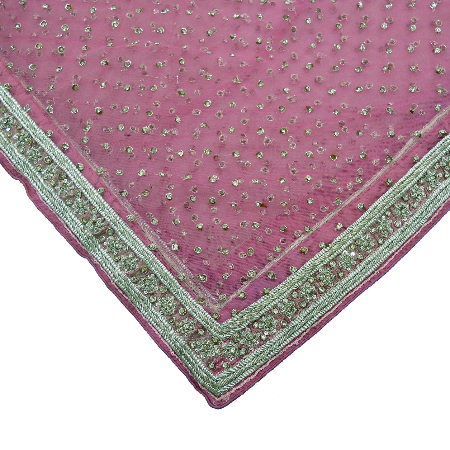 Indian Vintage Heavy Bridal Pink Dupatta Net Mesh Long Stole Hand Embroidered Scarves Silver Zardozi Dabka Zari Sequins Wedding veil