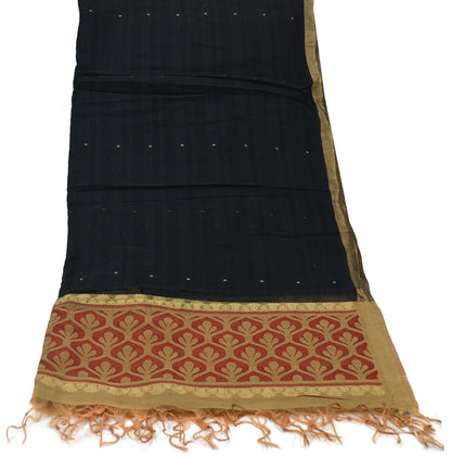 Indian Vintage Dupatta Black Long Stole Printed Woven Pure Chanderi Silk Indian Scarves Veil Golden Zari Soft Fringes