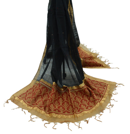 Indian Vintage Dupatta Black Long Stole Printed Woven Pure Chanderi Silk Indian Scarves Veil Golden Zari Soft Fringes