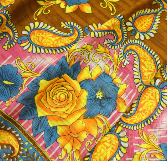 Indian Vintage Sari Brown & Saffron Printed Saree Pure Cotton Craft Fabric Soft 5Yd Sewing Sarong Wrap Boho Floral Dress Making Quilting