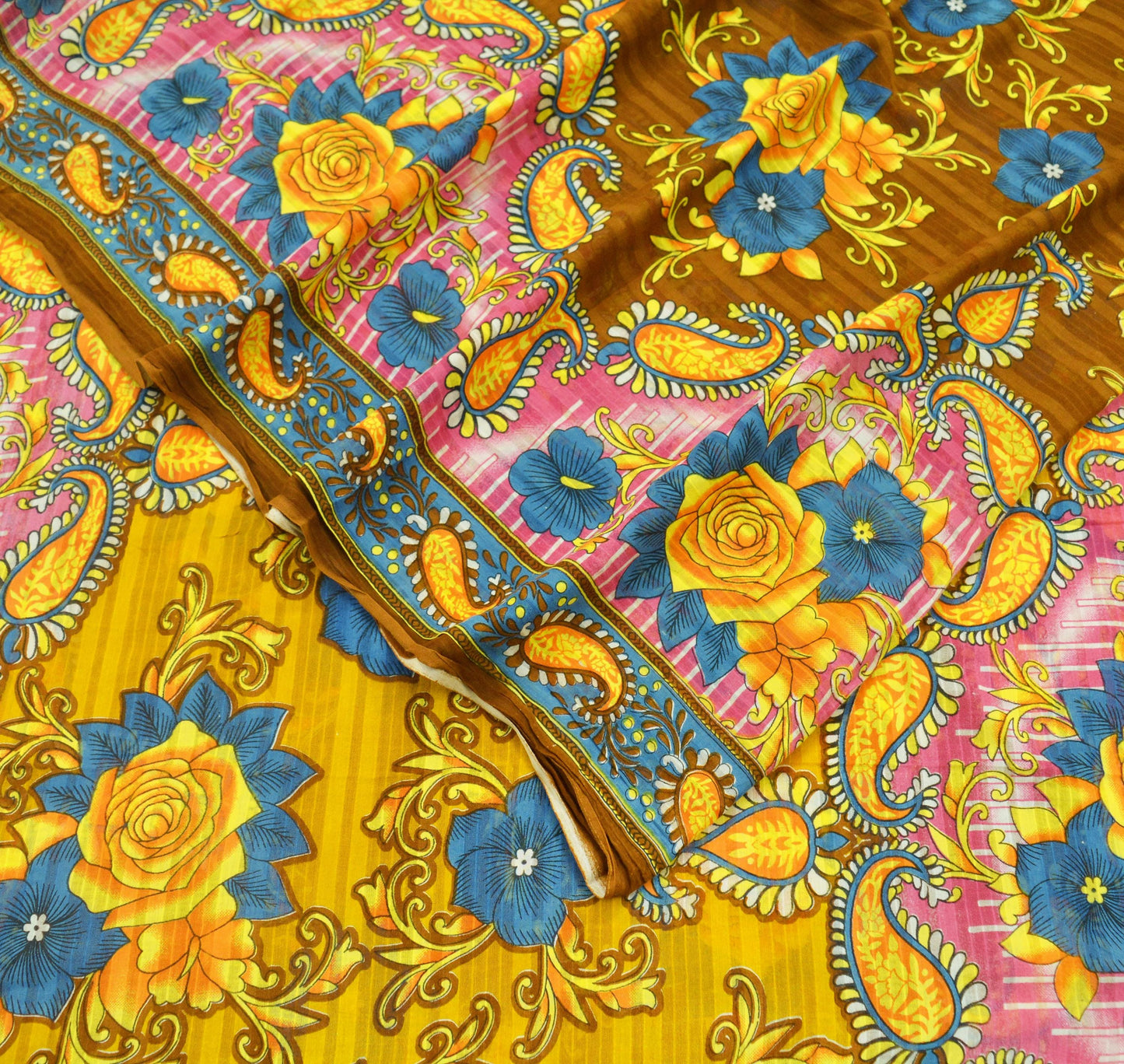 Indian Vintage Sari Brown & Saffron Printed Saree Pure Cotton Craft Fabric Soft 5Yd Sewing Sarong Wrap Boho Floral Dress Making Quilting