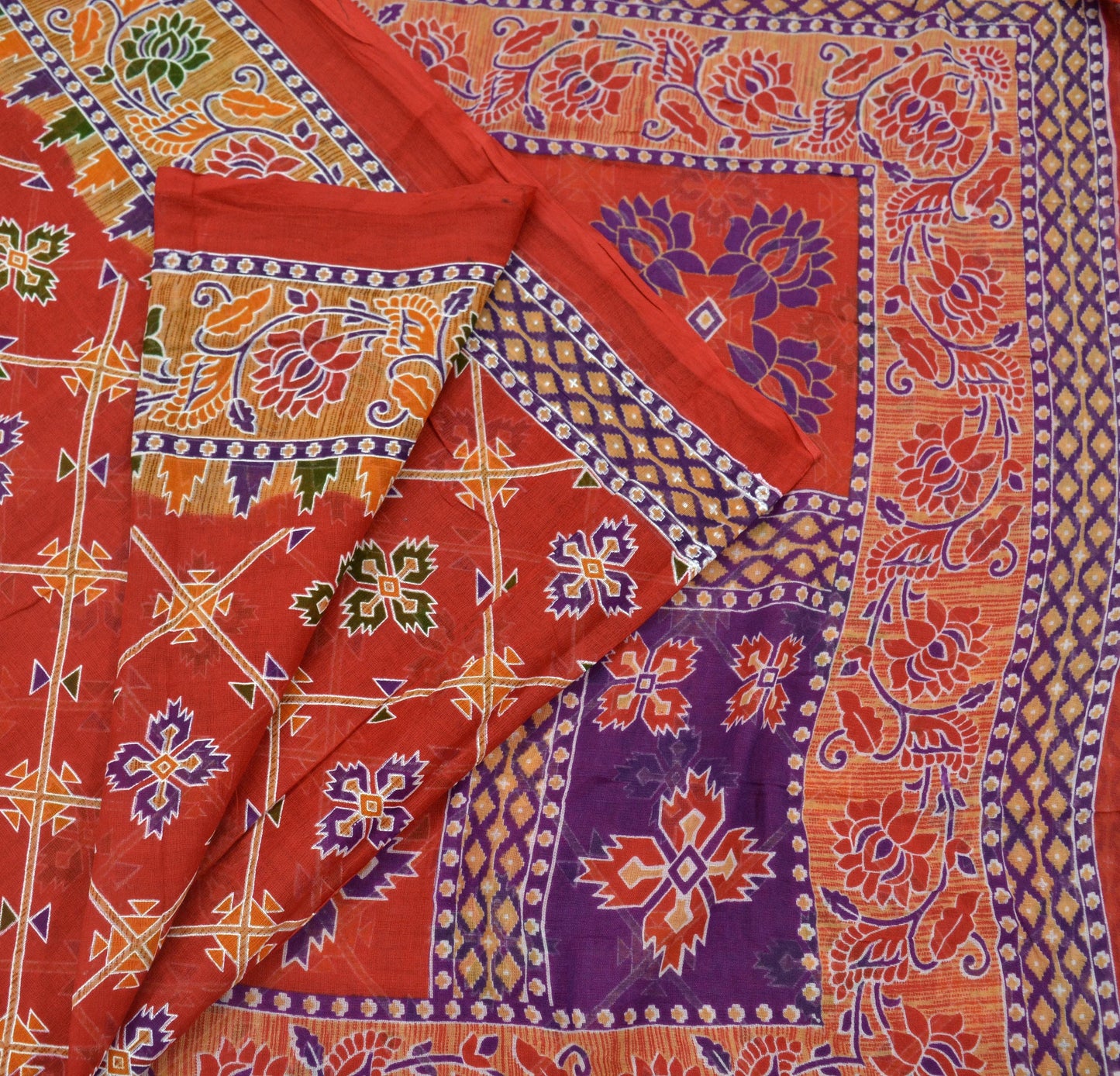 Indian Vintage Sari Purple & Red Printed Pure Cotton Saree Craft Fabric 5Yd Sewing Sarong Wrap Boho Floral Crafting Upcycle Quilting Used