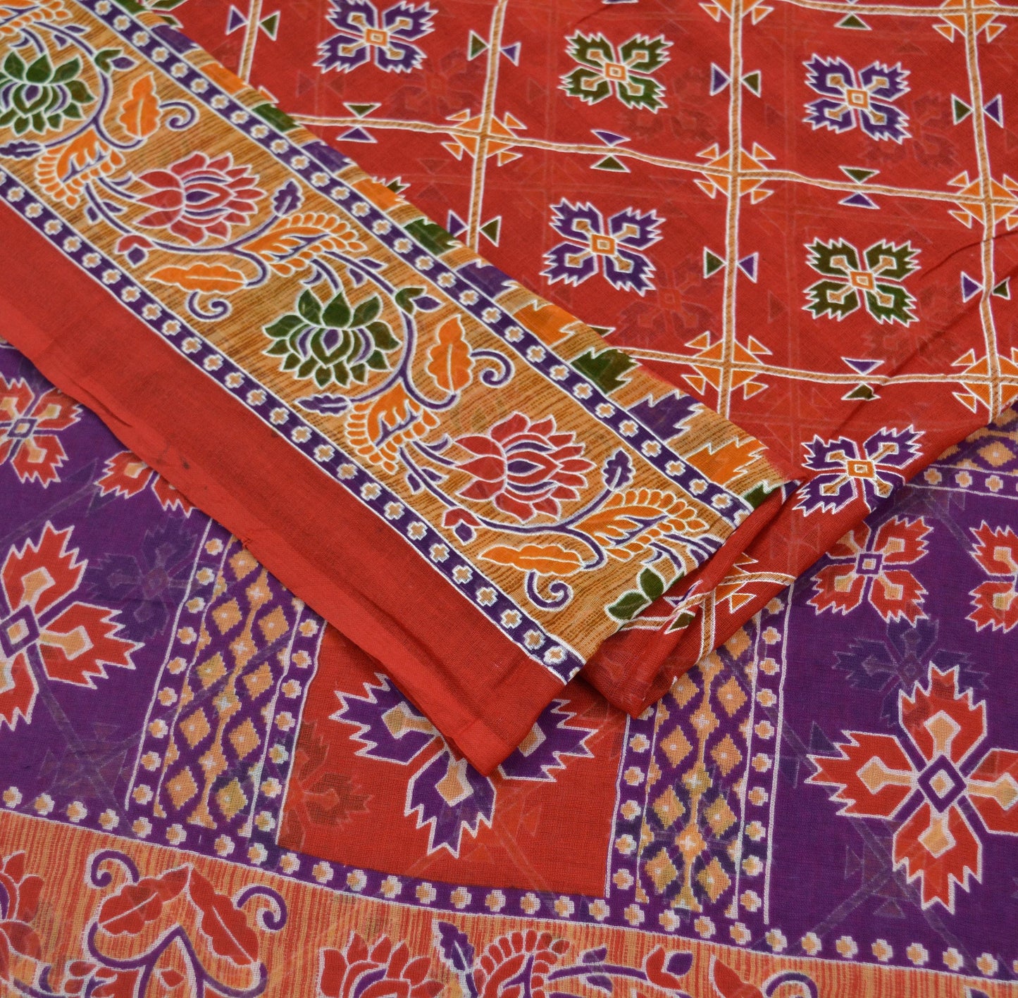 Indian Vintage Sari Purple & Red Printed Pure Cotton Saree Craft Fabric 5Yd Sewing Sarong Wrap Boho Floral Crafting Upcycle Quilting Used