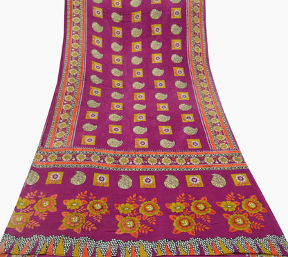 Indian Vintage Sari Purple Printed Sarees Pure Cotton Craft Fabric 5Yd Soft Sewing Sarong Wrap Boho Upcycle Quilting Crafting Used