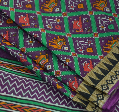 Indian Vintage Purple Saree Ikat Printed Pure Cotton Sari Craft Fabric 5Yard Sewing Sarong Wrap Boho Floral Dress Making Quilting Upcycle