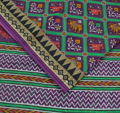Indian Vintage Purple Saree Ikat Printed Pure Cotton Sari Craft Fabric 5Yard Sewing Sarong Wrap Boho Floral Dress Making Quilting Upcycle
