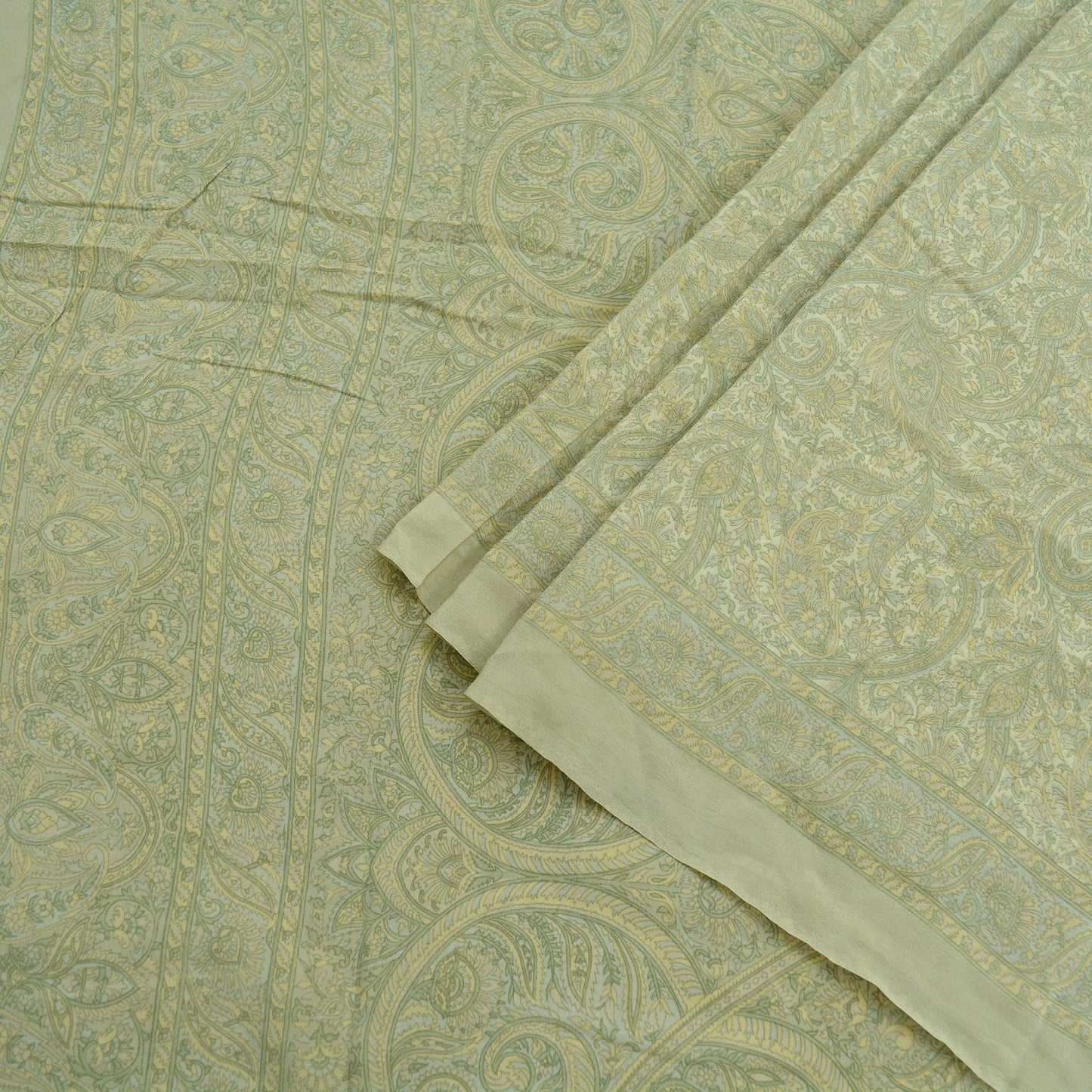 Indian Vintage Sari Cream & Green Pure Crepe Silk Printed Sarees 5yd Sewing Soft Craft Fabric Wrap Upcycle Quilting Crafting Dress making