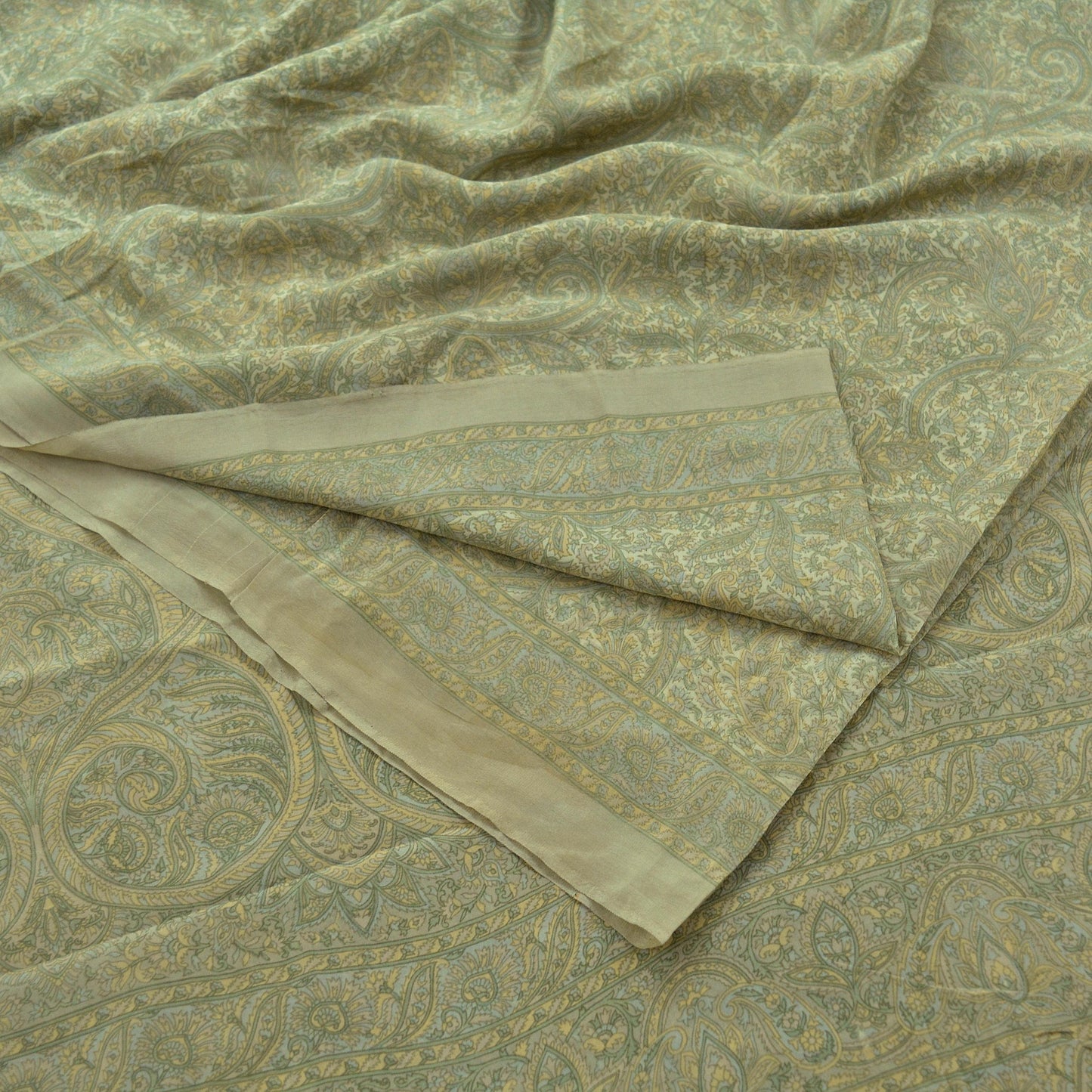 Indian Vintage Sari Cream & Green Pure Crepe Silk Printed Sarees 5yd Sewing Soft Craft Fabric Wrap Upcycle Quilting Crafting Dress making