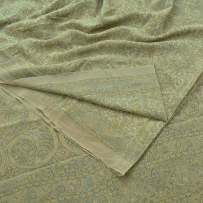 Indian Vintage Sari Cream & Green Pure Crepe Silk Printed Sarees 5yd Sewing Soft Craft Fabric Wrap Upcycle Quilting Crafting Dress making