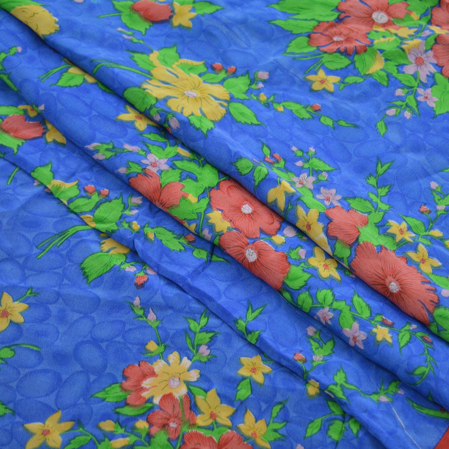 Indian Vintage Sari Blue Pure Crepe Silk Printed Sarees Craft Fabric 5yd Sewing Floral Soft Fabric Wrap Dress making Quilting Crafting