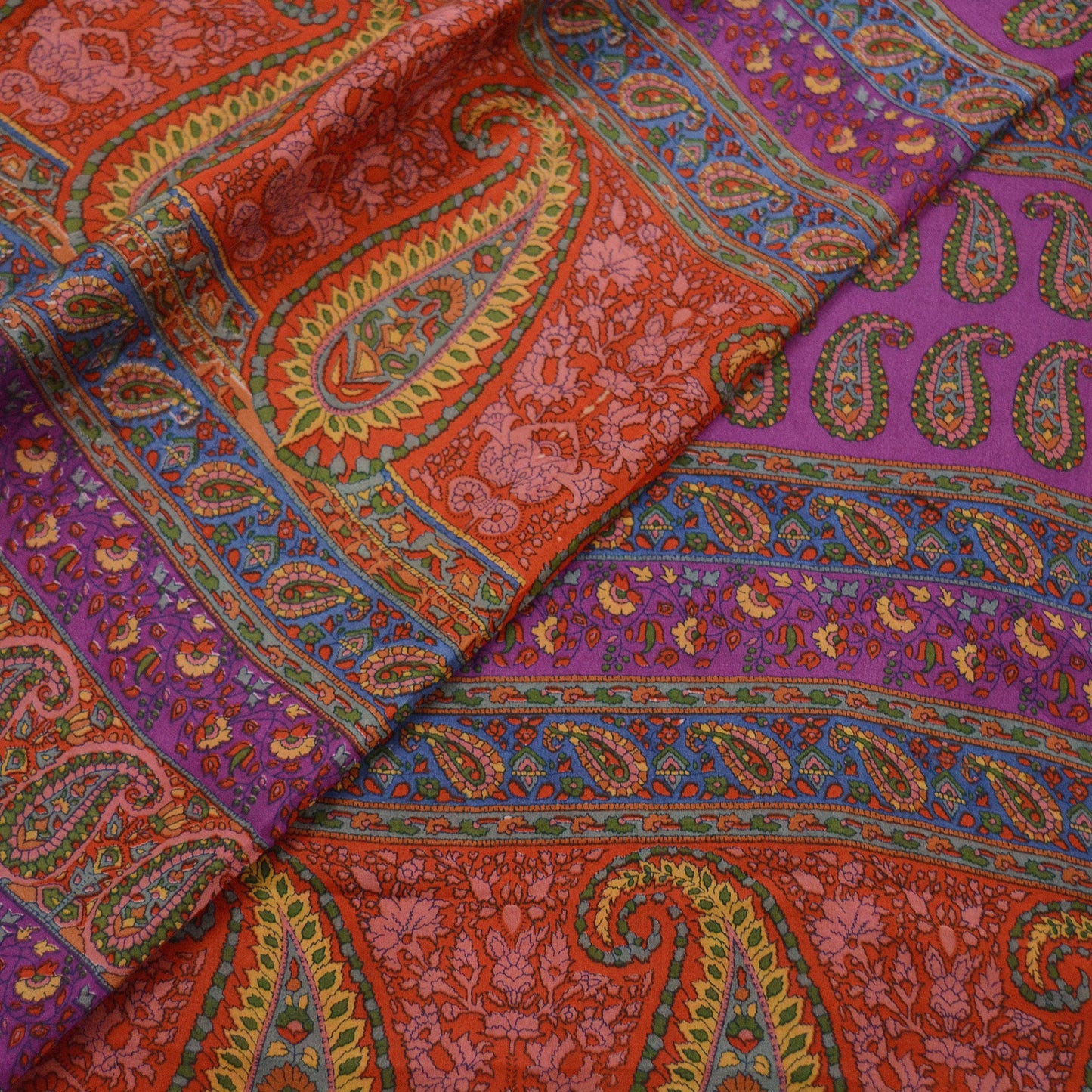 Indian Vintage Sari Orange & Purple Printed 100% Pure Silk Sarees Craft Fabric 5yd Sewing Dress Making Soft Wrap Quilting Crafting Upcycle