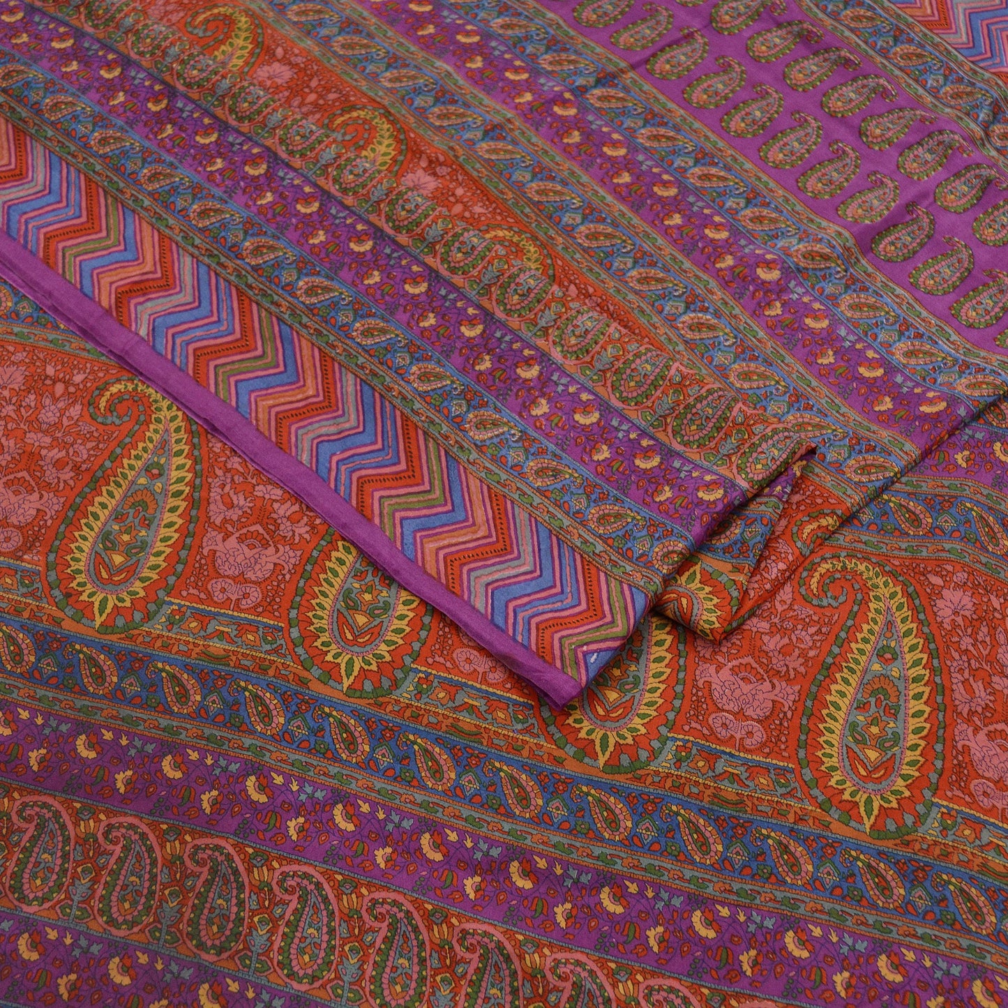 Indian Vintage Sari Orange & Purple Printed 100% Pure Silk Sarees Craft Fabric 5yd Sewing Dress Making Soft Wrap Quilting Crafting Upcycle