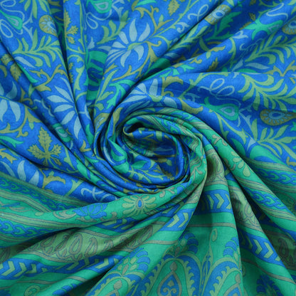 Indian Vintage Sari Green & Blue 100% Pure Silk Printed Sarees 5yd Sewing Craft Fabric Dress Making Soft Wrap Dress Making Quilting Crafting