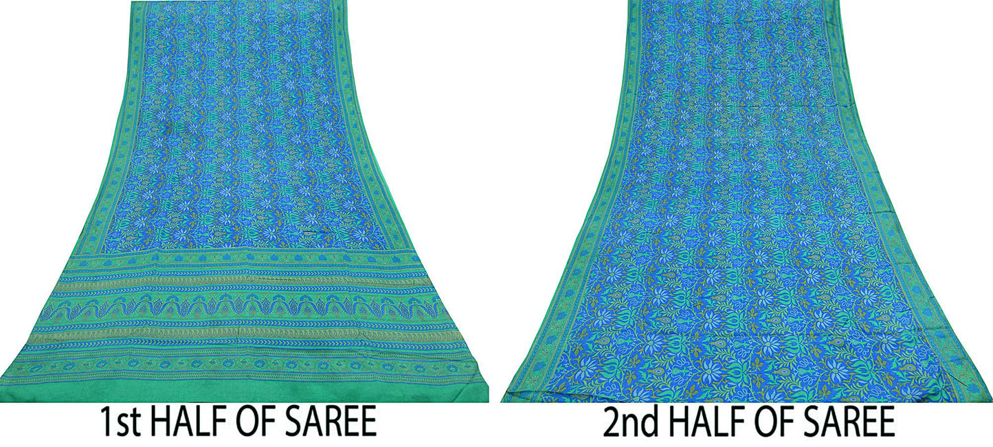 Indian Vintage Sari Green & Blue 100% Pure Silk Printed Sarees 5yd Sewing Craft Fabric Dress Making Soft Wrap Dress Making Quilting Crafting