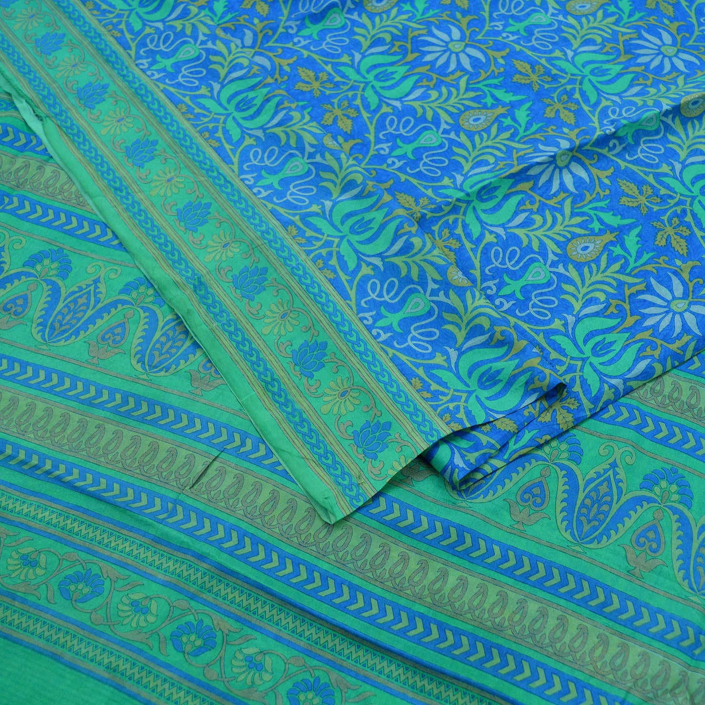 Indian Vintage Sari Green & Blue 100% Pure Silk Printed Sarees 5yd Sewing Craft Fabric Dress Making Soft Wrap Dress Making Quilting Crafting