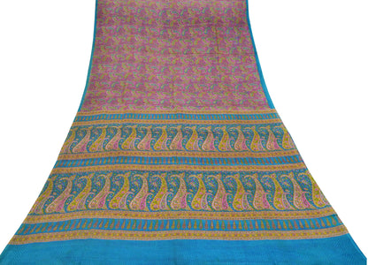 Indian Vintage Pink & Blue Saree 100% Pure Silk Printed Sari Craft Fabric 6yd Sewing Dress Making  Soft Floral Paisley Quilting Crafting