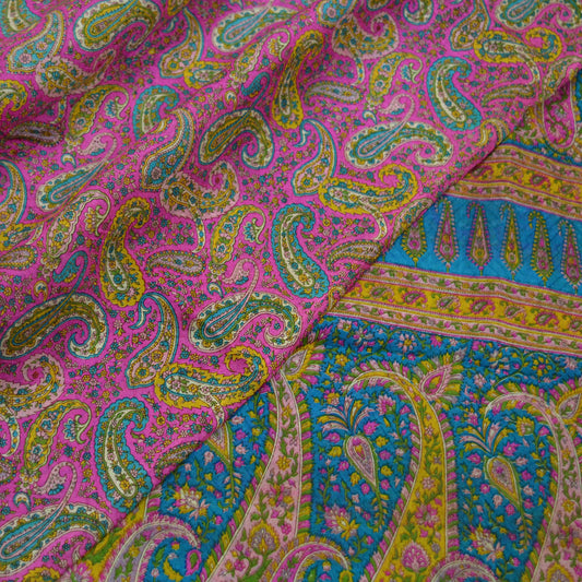 Indian Vintage Pink & Blue Saree 100% Pure Silk Printed Sari Craft Fabric 6yd Sewing Dress Making  Soft Floral Paisley Quilting Crafting