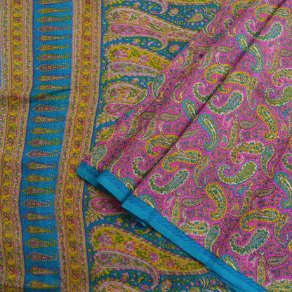 Indian Vintage Pink & Blue Saree 100% Pure Silk Printed Sari Craft Fabric 6yd Sewing Dress Making  Soft Floral Paisley Quilting Crafting