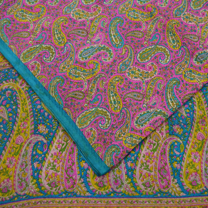 Indian Vintage Pink & Blue Saree 100% Pure Silk Printed Sari Craft Fabric 6yd Sewing Dress Making  Soft Floral Paisley Quilting Crafting