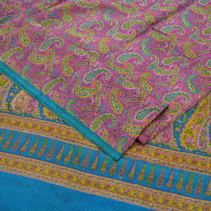 Indian Vintage Pink & Blue Saree 100% Pure Silk Printed Sari Craft Fabric 6yd Sewing Dress Making  Soft Floral Paisley Quilting Crafting