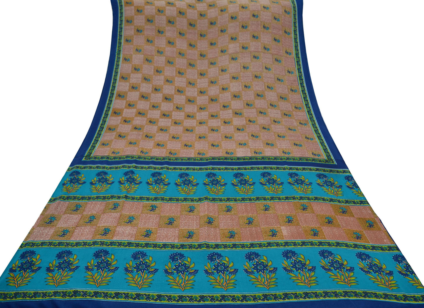 Indian Vintage Sari Brown & Blue Moss Crepe Printed Sarees Craft Fabric 5yd Sewing Floral Soft Dress making Quilting Crafting Upcycle  Used