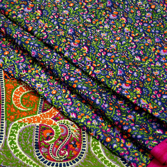 Indian Vintage Sari Pink & Blue 100% Pure Silk Printed Sarees Craft Fabric 5yd Sewing Soft Floral DressMaking Quilting Crafting Upcycle