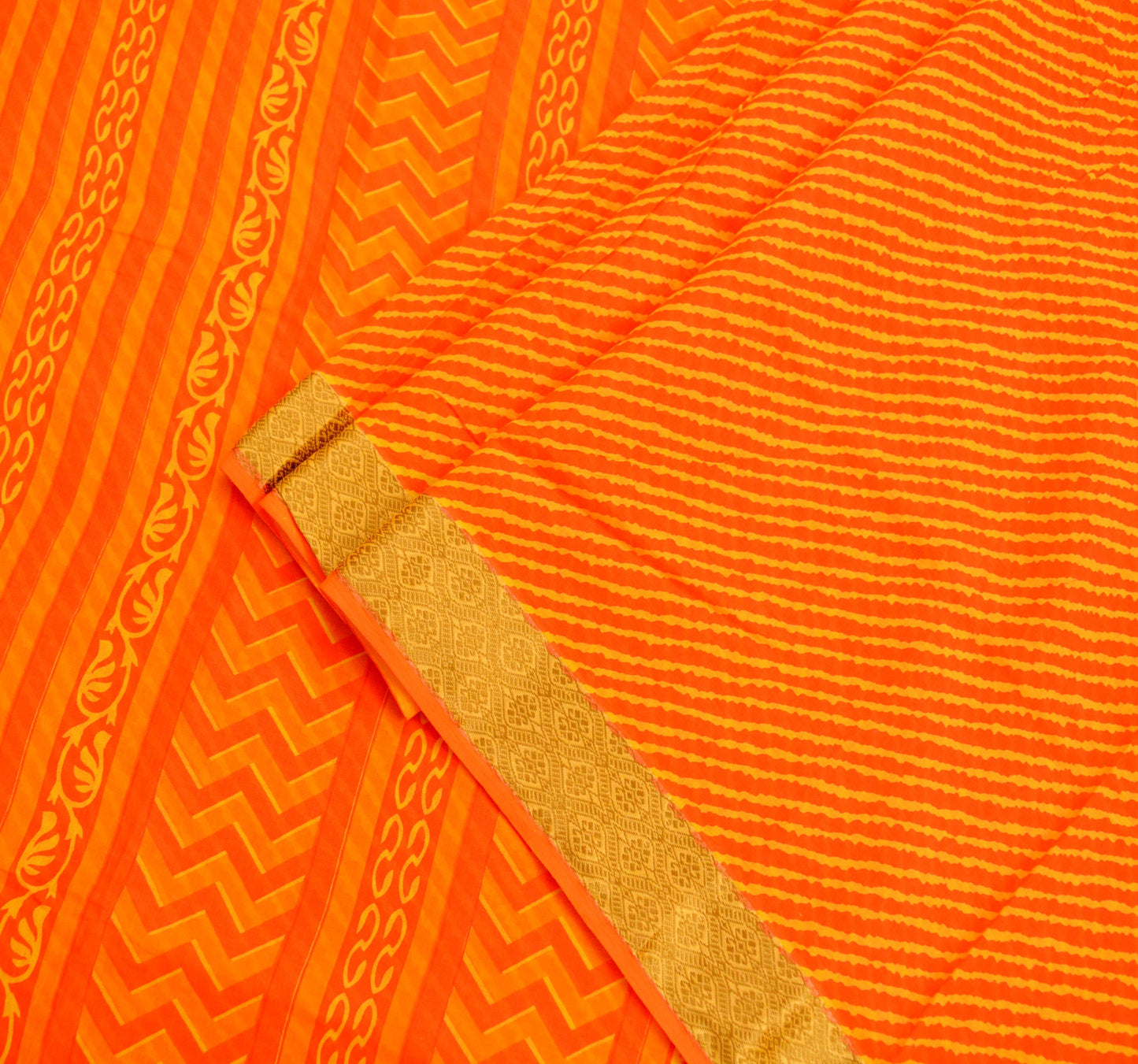 Indian Vintage Sari Orange 100% Pure Cotton Printed Sarees 5Yd Craft Fabric Soft Sewing Sarong Wrap Stripes Quilting Crafting Upcycle Used