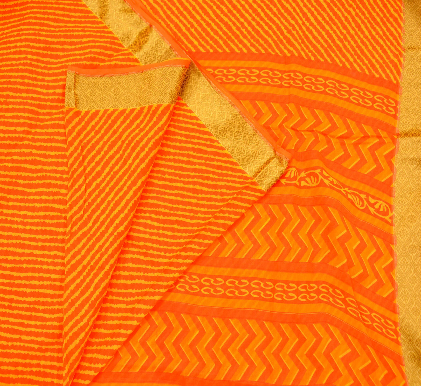 Indian Vintage Sari Orange 100% Pure Cotton Printed Sarees 5Yd Craft Fabric Soft Sewing Sarong Wrap Stripes Quilting Crafting Upcycle Used