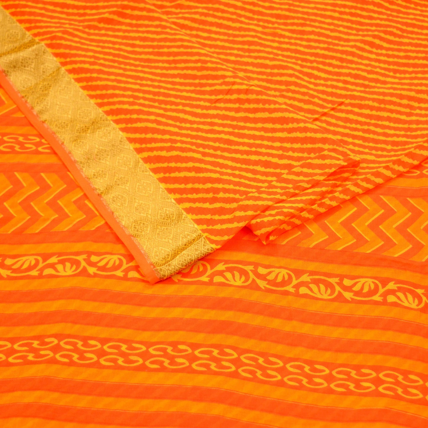 Indian Vintage Sari Orange 100% Pure Cotton Printed Sarees 5Yd Craft Fabric Soft Sewing Sarong Wrap Stripes Quilting Crafting Upcycle Used