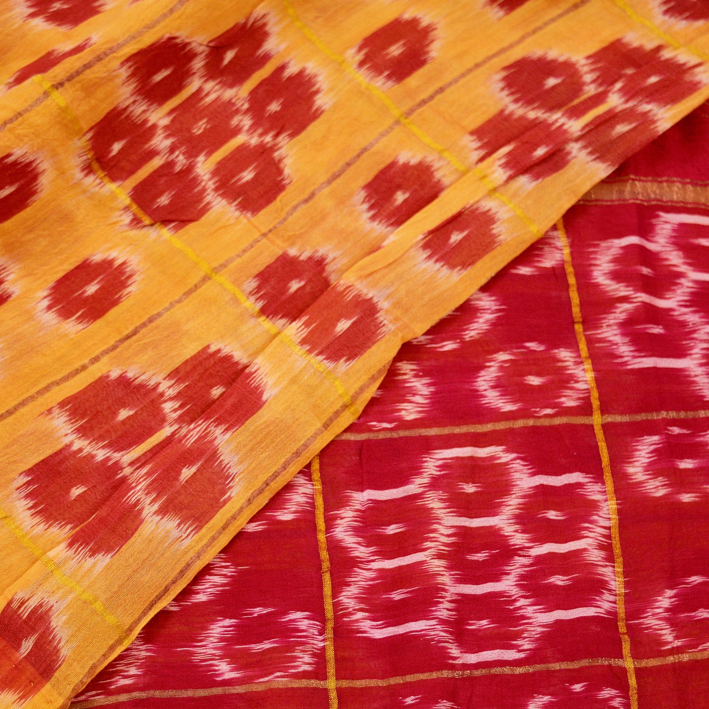 Indian Vintage Sari Saffron & Red Pure Silk Hand Woven Odisha Ikat Patola Saree Fabric 5Yd Zari Border Ethnic Party wear Quilting Upcycle