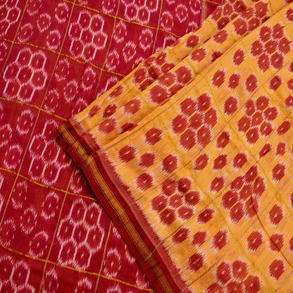 Indian Vintage Sari Saffron & Red Pure Silk Hand Woven Odisha Ikat Patola Saree Fabric 5Yd Zari Border Ethnic Party wear Quilting Upcycle